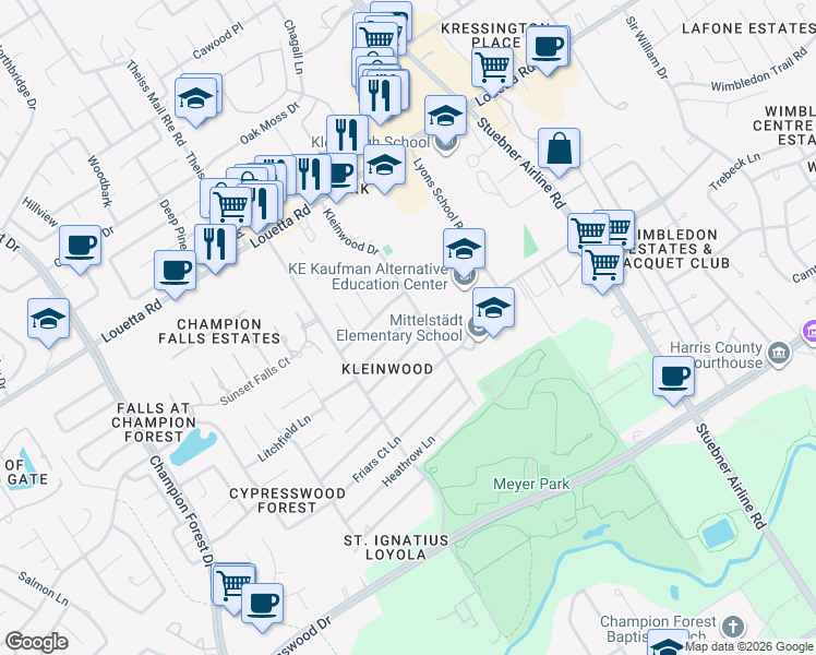 map of restaurants, bars, coffee shops, grocery stores, and more near 7611 Litchfield Lane in Spring