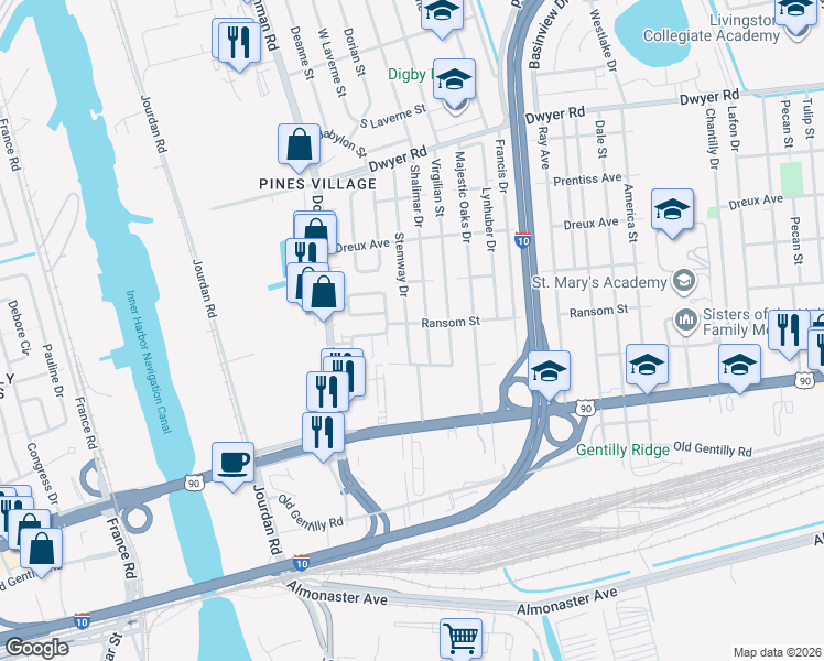 map of restaurants, bars, coffee shops, grocery stores, and more near 4455 Stemway Drive in New Orleans