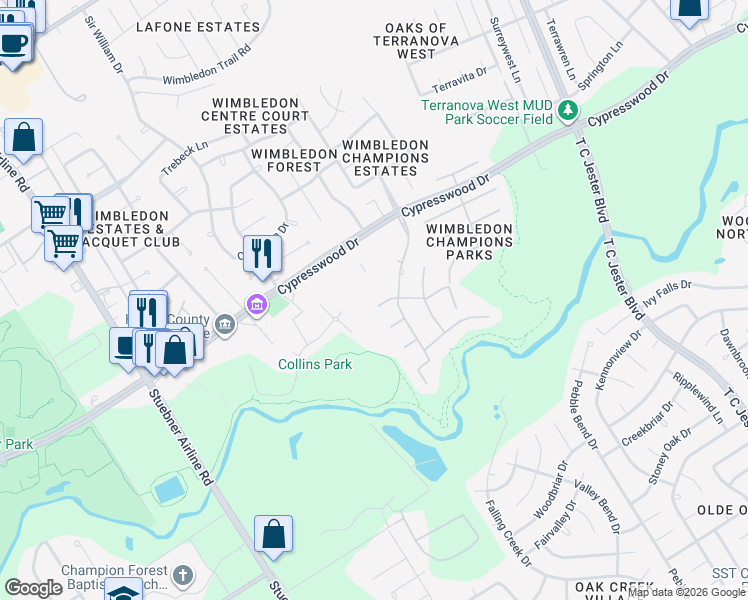 map of restaurants, bars, coffee shops, grocery stores, and more near 6514 Kodes Clay Court in Spring