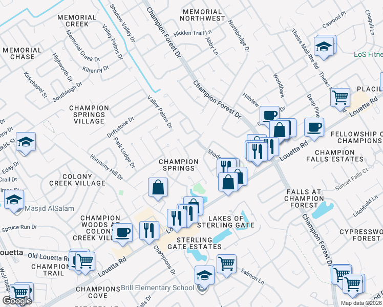 map of restaurants, bars, coffee shops, grocery stores, and more near 17006 Valley Palms Drive in Spring