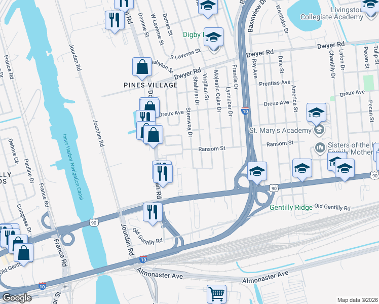 map of restaurants, bars, coffee shops, grocery stores, and more near 4455 Stemway Drive in New Orleans