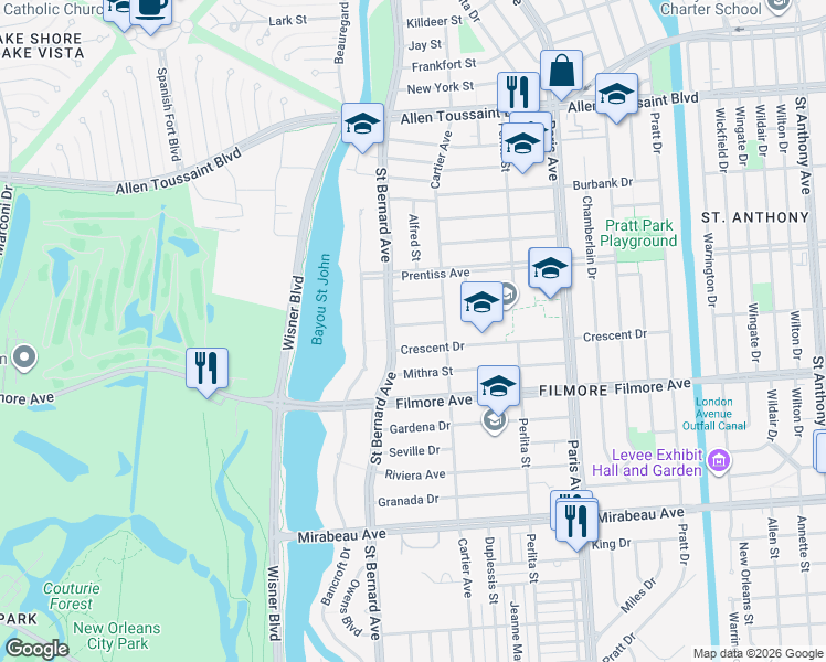 map of restaurants, bars, coffee shops, grocery stores, and more near 1330 Rapides Drive in New Orleans