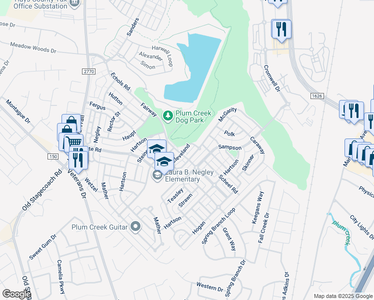 map of restaurants, bars, coffee shops, grocery stores, and more near 199 Cleveland in Kyle