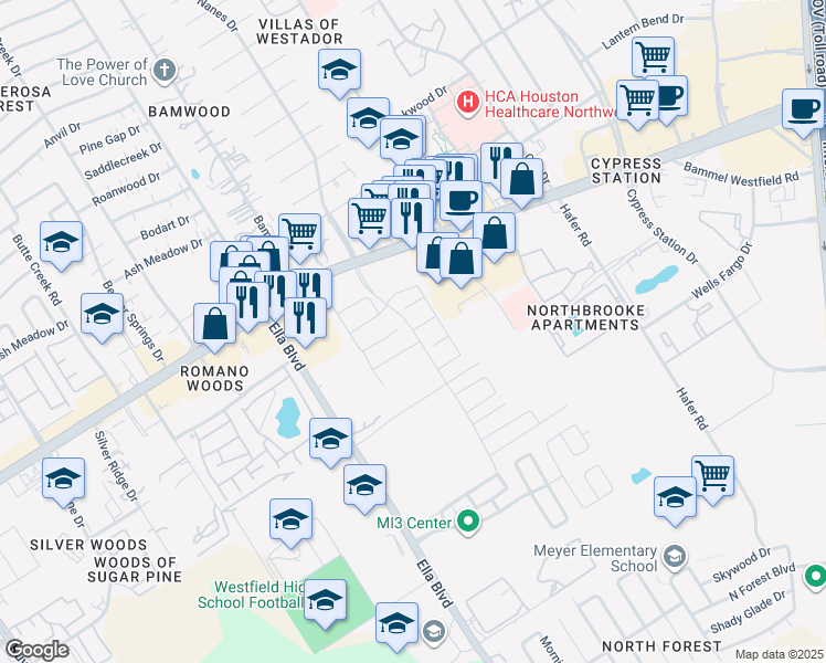 map of restaurants, bars, coffee shops, grocery stores, and more near Nanes Drive in Houston