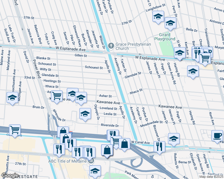 map of restaurants, bars, coffee shops, grocery stores, and more near 6205 Ithaca Street in Metairie