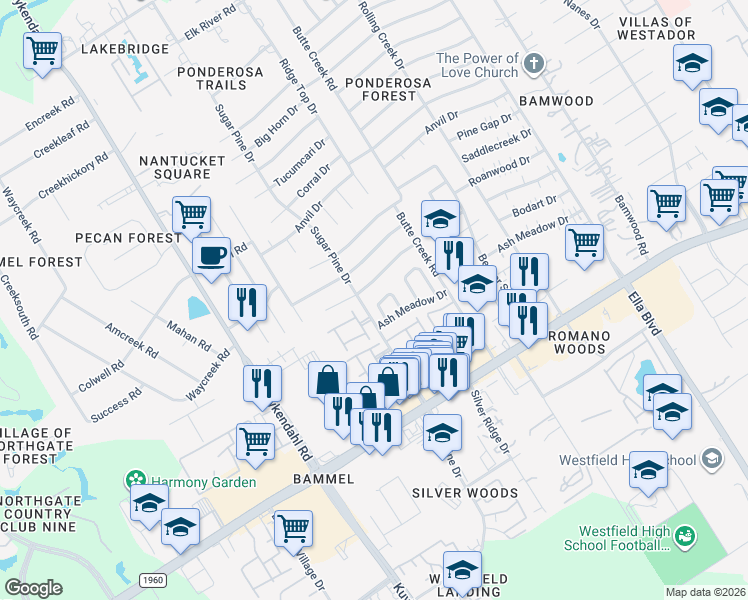map of restaurants, bars, coffee shops, grocery stores, and more near 17223 West Sugar Meadow Drive in Houston