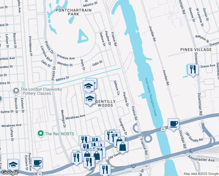 map of restaurants, bars, coffee shops, grocery stores, and more near 5010 Congress Drive in New Orleans