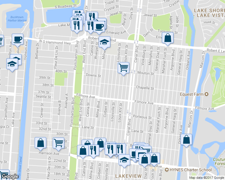 map of restaurants, bars, coffee shops, grocery stores, and more near 6750 Louisville Street in New Orleans