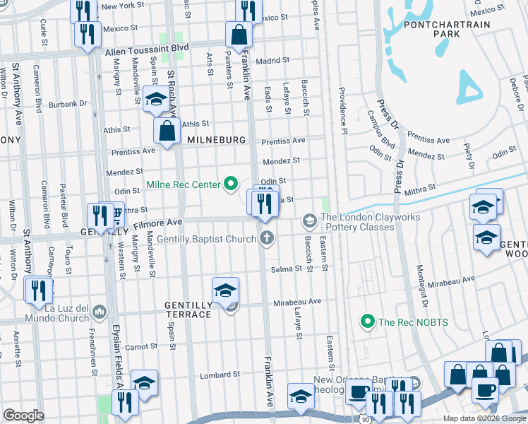 map of restaurants, bars, coffee shops, grocery stores, and more near 5361 Franklin Avenue in New Orleans