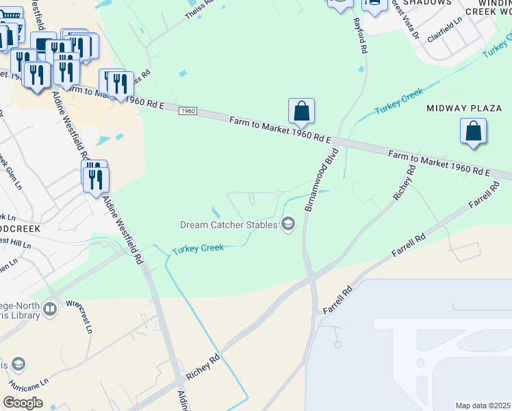map of restaurants, bars, coffee shops, grocery stores, and more near 20919 Birnamwood Boulevard in Humble
