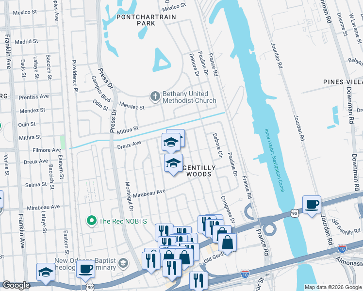 map of restaurants, bars, coffee shops, grocery stores, and more near 5136 Desire Drive in New Orleans