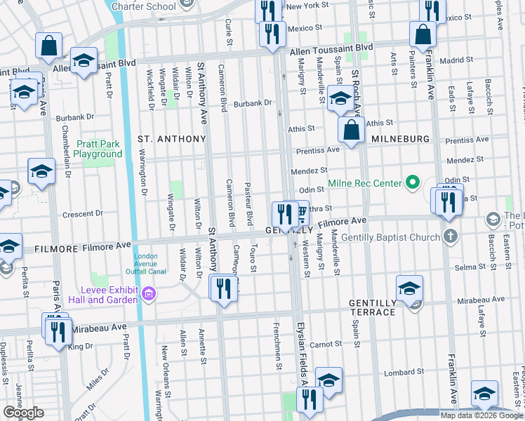 map of restaurants, bars, coffee shops, grocery stores, and more near 5343 Vermillion Boulevard in New Orleans