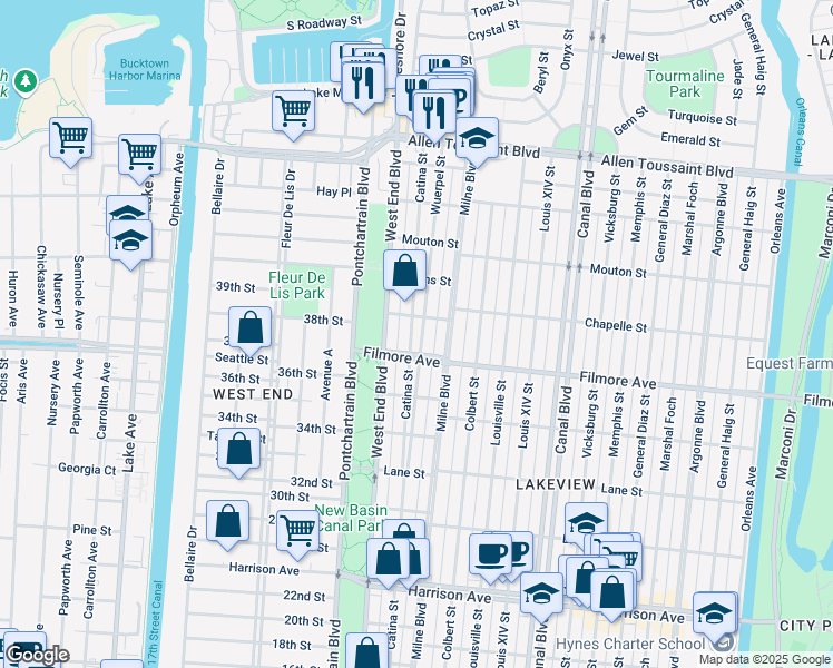 map of restaurants, bars, coffee shops, grocery stores, and more near 6729 Wuerpel Street in New Orleans
