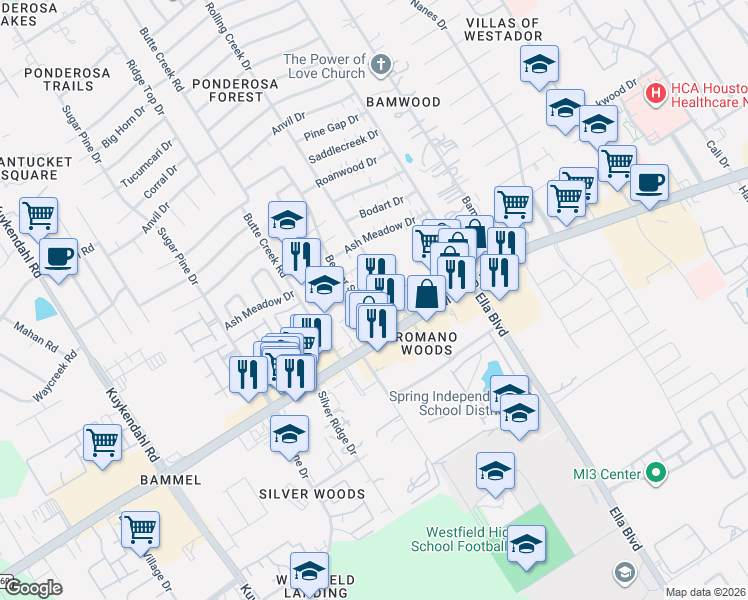map of restaurants, bars, coffee shops, grocery stores, and more near 17107 Beaver Springs Drive in Houston