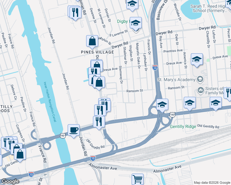 map of restaurants, bars, coffee shops, grocery stores, and more near 6018 Airway Street in New Orleans