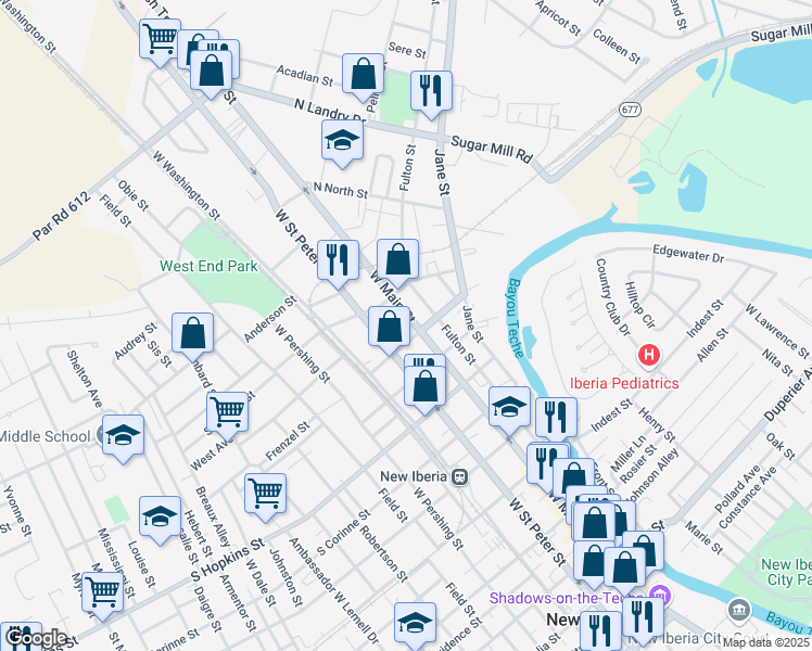 map of restaurants, bars, coffee shops, grocery stores, and more near 809 West Main Street in New Iberia