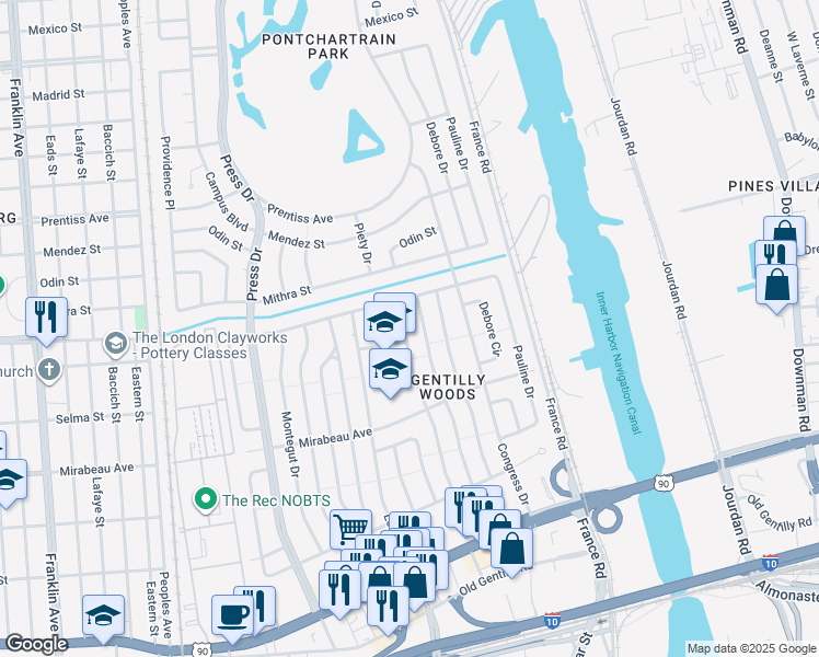 map of restaurants, bars, coffee shops, grocery stores, and more near 5136 Desire Drive in New Orleans