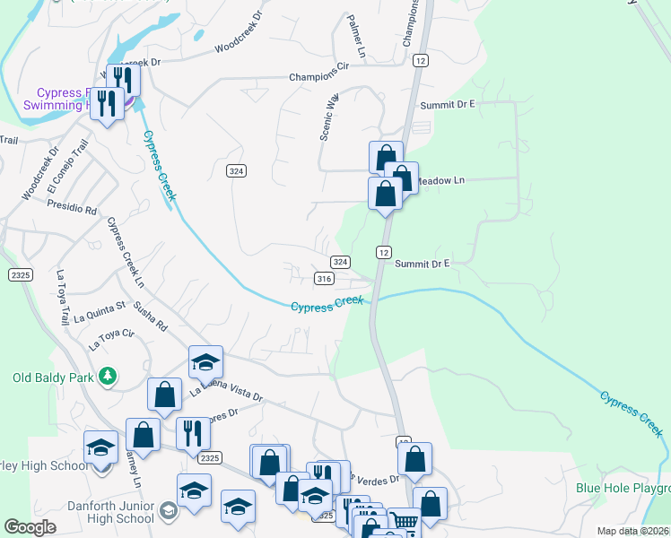 map of restaurants, bars, coffee shops, grocery stores, and more near 104 Scudder Lane in Wimberley
