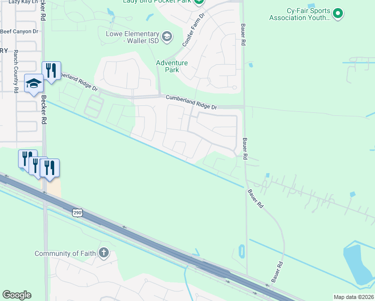 map of restaurants, bars, coffee shops, grocery stores, and more near 16902 Bauer Rd in Cypress