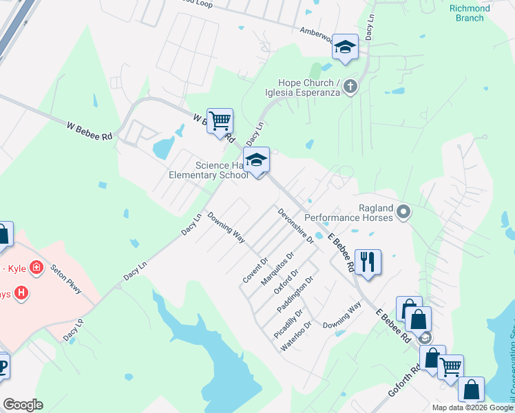 map of restaurants, bars, coffee shops, grocery stores, and more near 172 Bloomsbury Drive in Kyle