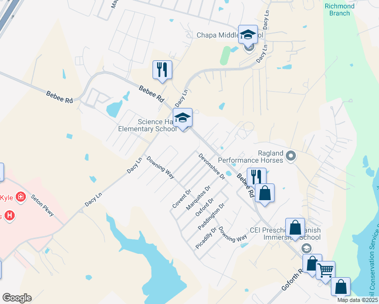 map of restaurants, bars, coffee shops, grocery stores, and more near 172 Bloomsbury Drive in Kyle