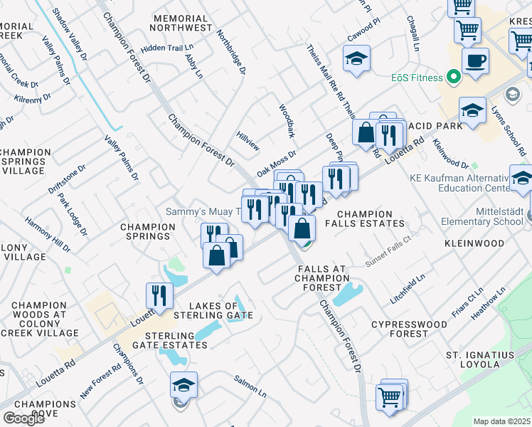 map of restaurants, bars, coffee shops, grocery stores, and more near 8303 Lichen Lane in Spring