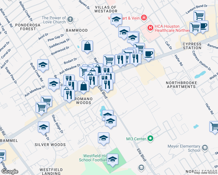 map of restaurants, bars, coffee shops, grocery stores, and more near 16850 Ella Boulevard in Houston