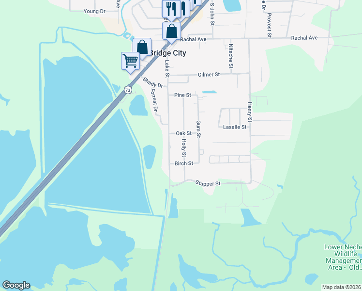 map of restaurants, bars, coffee shops, grocery stores, and more near 450 Holly Street in Bridge City