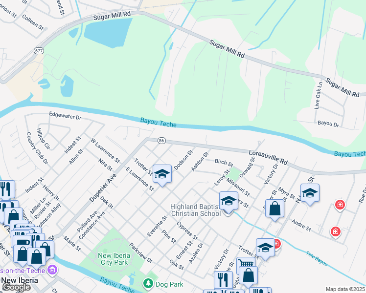 map of restaurants, bars, coffee shops, grocery stores, and more near 308 Loreauville Road in New Iberia