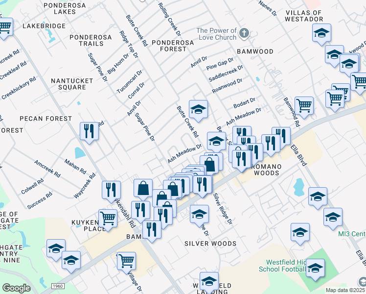 map of restaurants, bars, coffee shops, grocery stores, and more near 17211 Ash Butte Drive in Houston