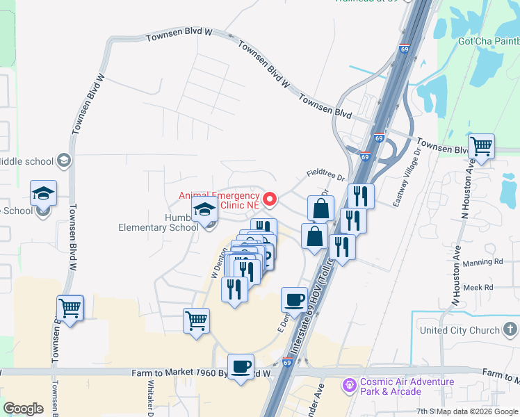 map of restaurants, bars, coffee shops, grocery stores, and more near 20437 Fieldtree Drive in Humble