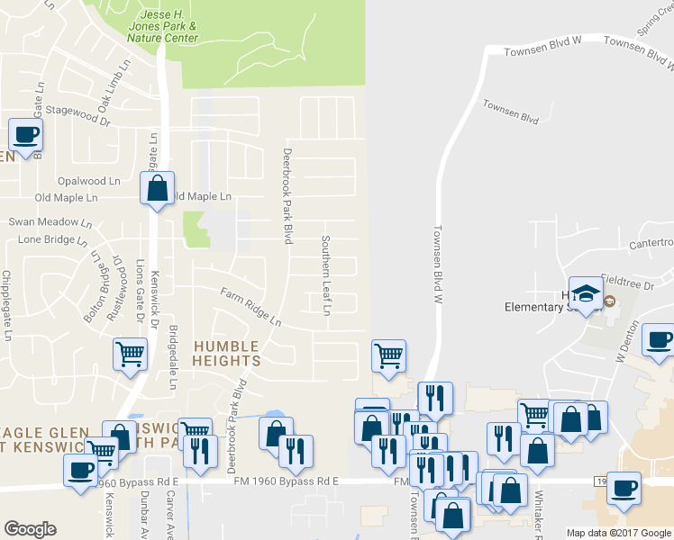 map of restaurants, bars, coffee shops, grocery stores, and more near 9027 Blue Cedar Lane in Humble