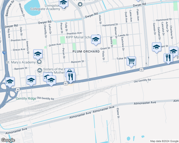 map of restaurants, bars, coffee shops, grocery stores, and more near 7601 Lombard Street in New Orleans
