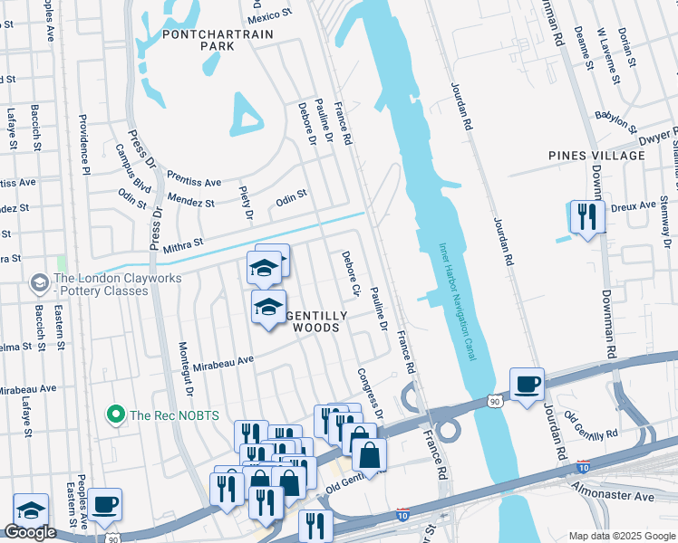 map of restaurants, bars, coffee shops, grocery stores, and more near 5010 Congress Drive in New Orleans