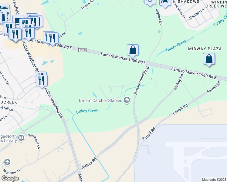 map of restaurants, bars, coffee shops, grocery stores, and more near 20919 Birnamwood Boulevard in Humble