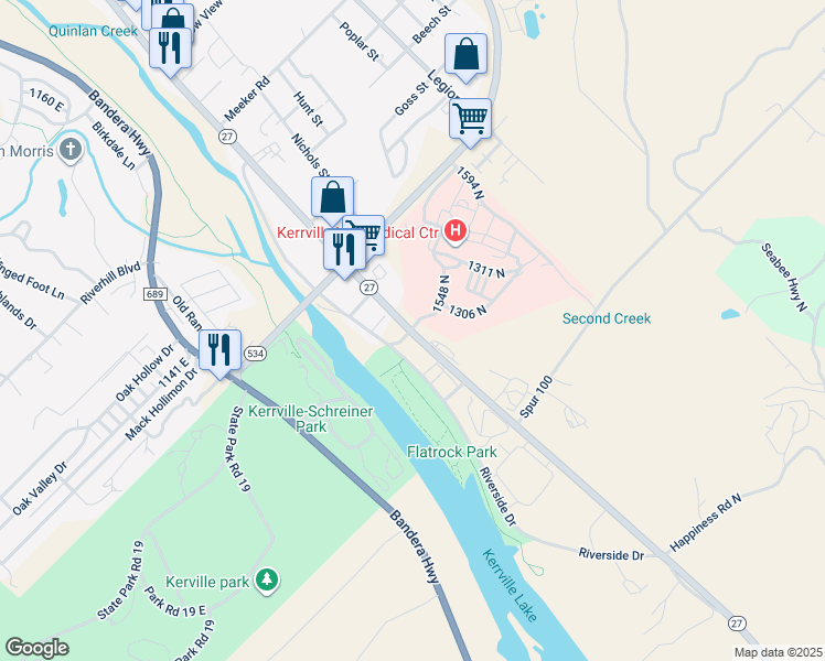 map of restaurants, bars, coffee shops, grocery stores, and more near Tucker St in Kerrville