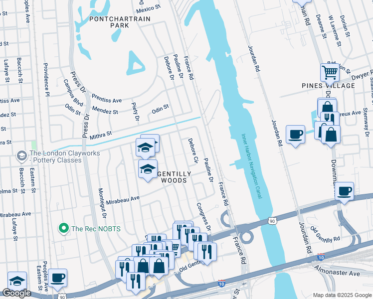 map of restaurants, bars, coffee shops, grocery stores, and more near 5010 Congress Drive in New Orleans