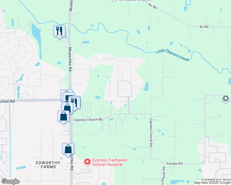 map of restaurants, bars, coffee shops, grocery stores, and more near 19718 Green Imperial Lane in Cypress
