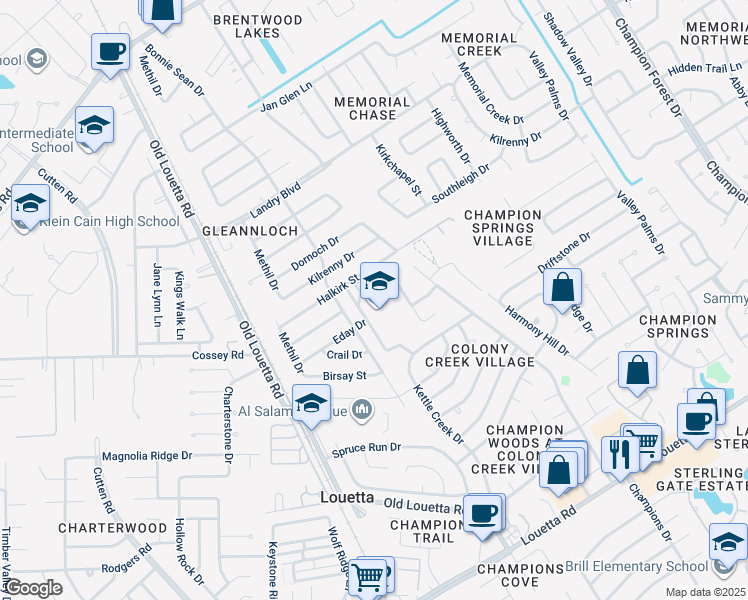 map of restaurants, bars, coffee shops, grocery stores, and more near 9502 Eday Drive in Spring