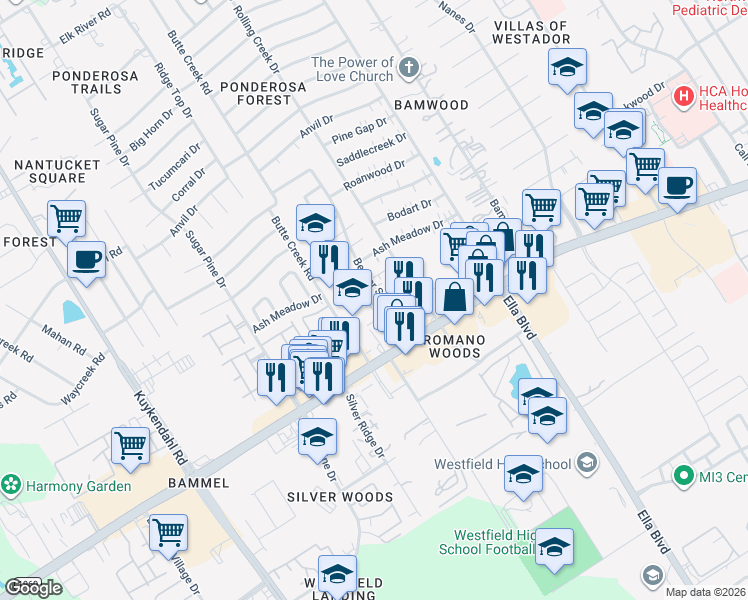 map of restaurants, bars, coffee shops, grocery stores, and more near 17107 Beaver Springs Drive in Houston
