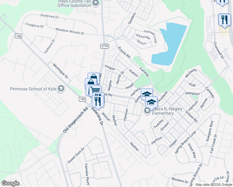 map of restaurants, bars, coffee shops, grocery stores, and more near 218 Witte Road in Kyle