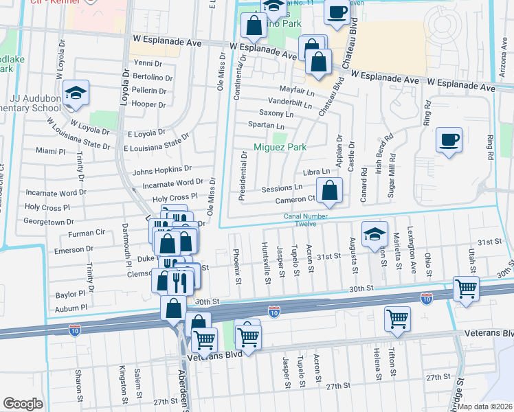 map of restaurants, bars, coffee shops, grocery stores, and more near 641 Cameron Court in Kenner
