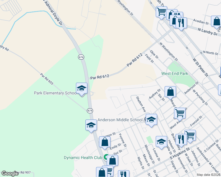 map of restaurants, bars, coffee shops, grocery stores, and more near 802 Westend Drive in New Iberia