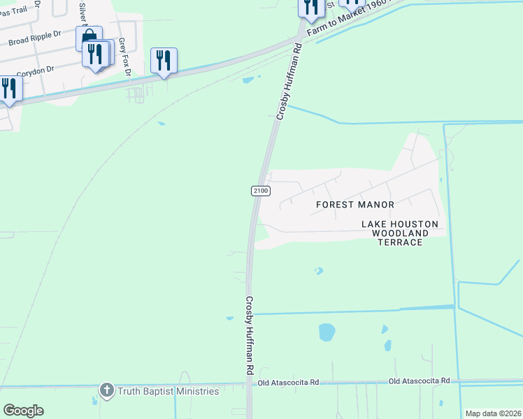 map of restaurants, bars, coffee shops, grocery stores, and more near 22332 Farm to Market 2100 in Huffman