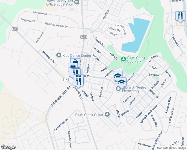 map of restaurants, bars, coffee shops, grocery stores, and more near 218 Witte Road in Kyle