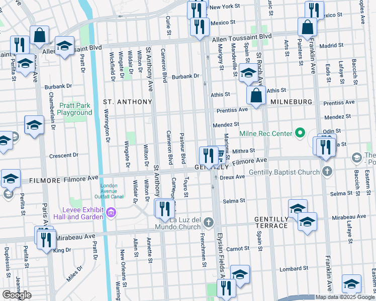 map of restaurants, bars, coffee shops, grocery stores, and more near 5332 Pasteur Boulevard in New Orleans
