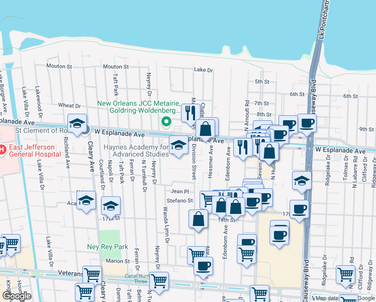 map of restaurants, bars, coffee shops, grocery stores, and more near 4394 Division Street in Metairie