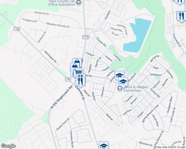 map of restaurants, bars, coffee shops, grocery stores, and more near 218 Witte Road in Kyle