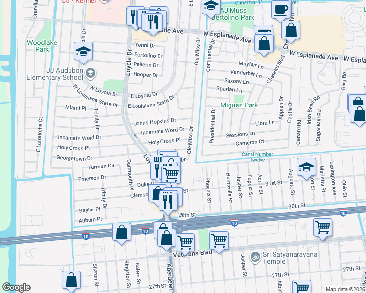 map of restaurants, bars, coffee shops, grocery stores, and more near 428 Georgetown Drive in Kenner