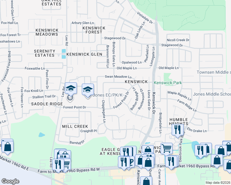 map of restaurants, bars, coffee shops, grocery stores, and more near 8303 Poplar Ridge Lane in Humble